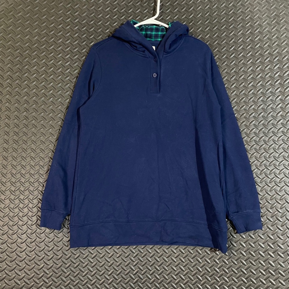 Lands' End Serious Sweats Blue Comfy Hooded Henley Sweater Women's Size Large‎